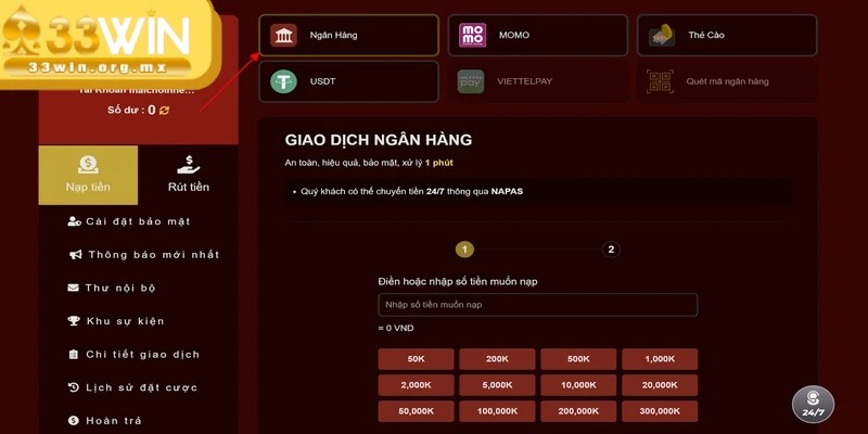 Nạp tiền 33WIN qua internet banking được nhiều người chơi lựa chọn