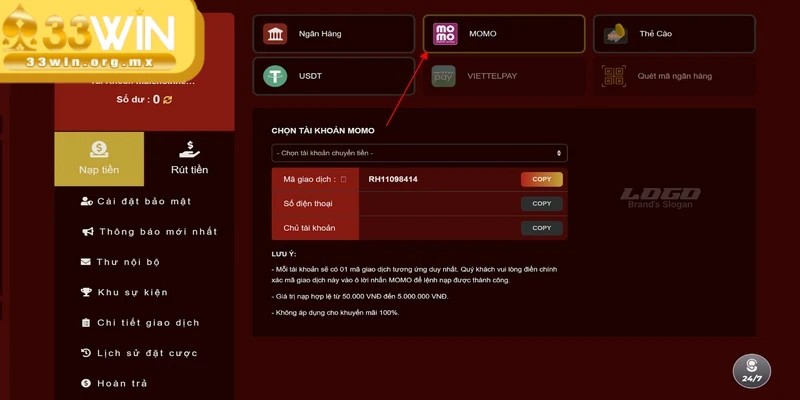 Các bước nạp tiền 33Win qua ví điện tử thông minh